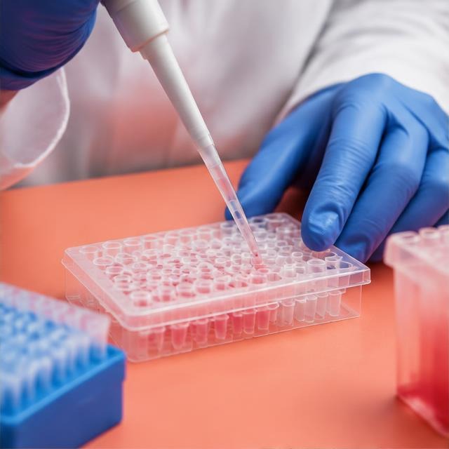 Gloved hands working with a laboratory sample tray