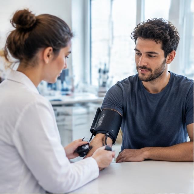 A volunteer having their blood pressure checked